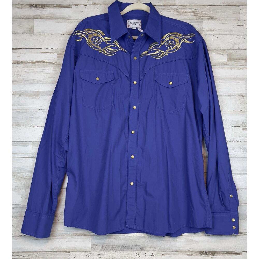 Ace of Diamond Shirt Mens XXL Blue Gold Pearl Snap Rockabilly Horseshoes USA